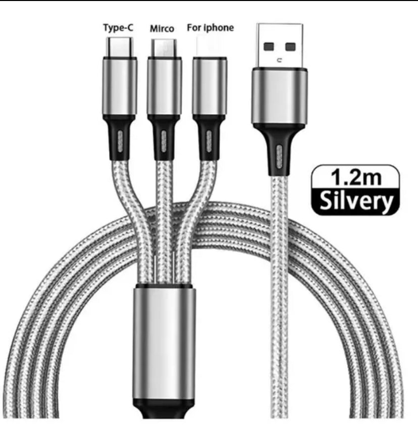 Câble 3-en-1 Universel – Charge Rapide iPhone / Samsung / USB-C